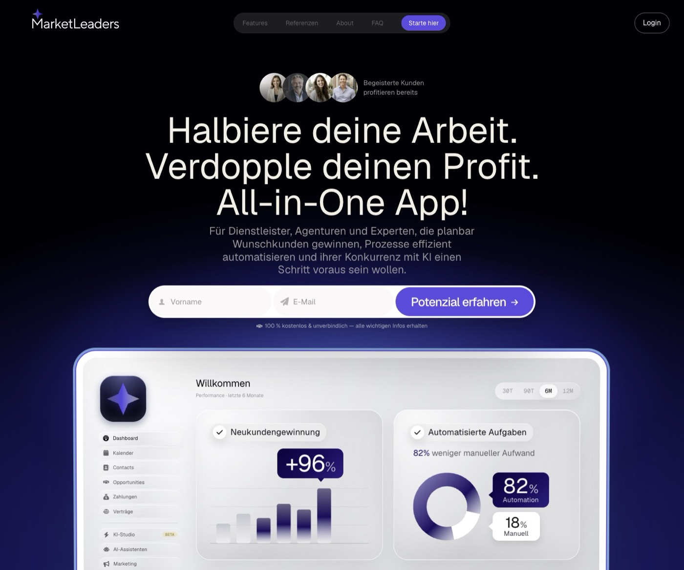 MarketLeaders App Landingpage mit Produktinterface